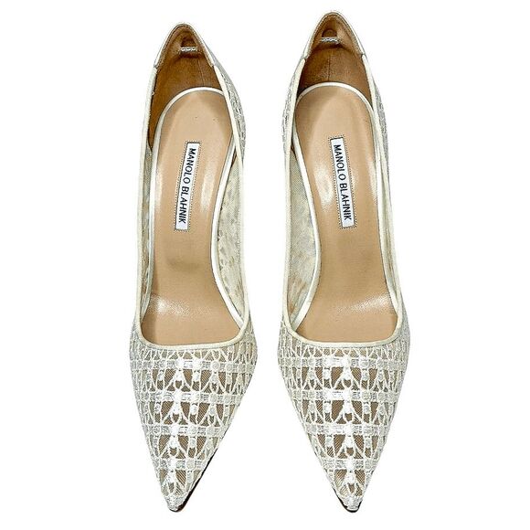 Manolo Blahnik BB 105 White Lace Satin Pumps Bridal Heels Size 41 Made in Italy - Picture 2 of 12